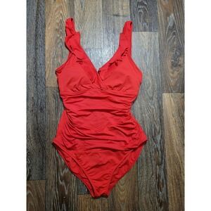Lauren Ralph Lauren Red Ruffle Surplice Ruching One Piece Swimsuit Womens 12